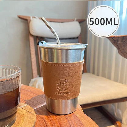Industrial Style 304 Stainless Steel Household Beer Mugs Anti-drop Teacups Simple Net Red Coffee Cups Straw Cups Fast Chilling